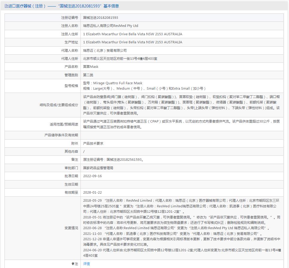 瑞思邁（Resmed）呼吸機口鼻全臉面罩Mirage Quattr